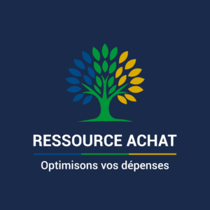 Logo de Ressource Achat avec un arbre stylisé aux feuilles bleues et jaunes et le slogan 'Optimisons vos dépenses' en dessous.