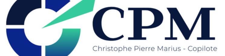Logo de l'entreprise CPM Christophe Pierre Marius - Copilote, avec un symbole circulaire graphique en nuances de bleu et vert émeraude.