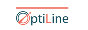 Logo de l'entreprise OptiLine présentant un cercle stylisé avec une flèche de croissance vers le haut, en couleurs corail et bleu pétrole sur fond noir.