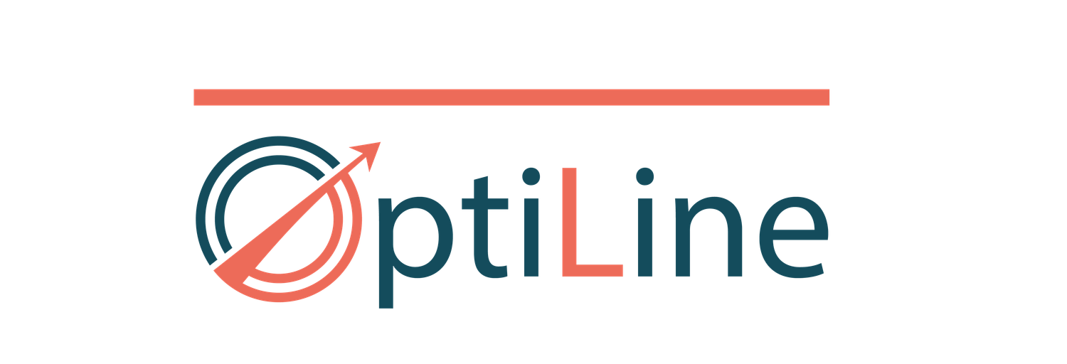 Logo de l'entreprise OptiLine présentant un cercle stylisé avec une flèche de croissance vers le haut, en couleurs corail et bleu pétrole sur fond noir.